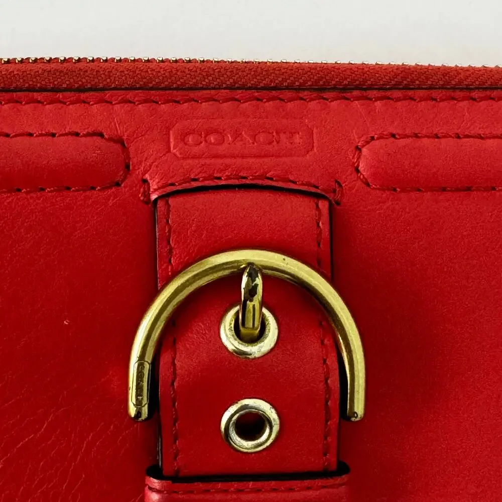 Coach Campbell Zip Around Leather Accordion Wallet in Red with Buckle Accent